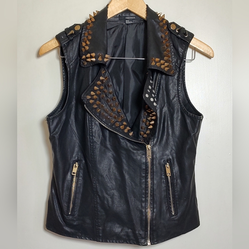 Forever 21 Black Studded Vegan Leather Zip Up Vest